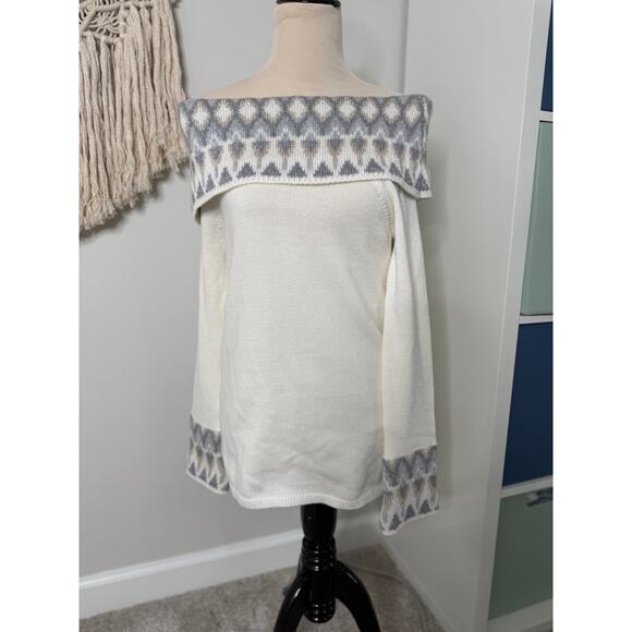 WHBM Cream Ecru Fair Isle Off-the-Shoulder Sweater Wool Blend XS NWT Holiday - Picture 2 of 7